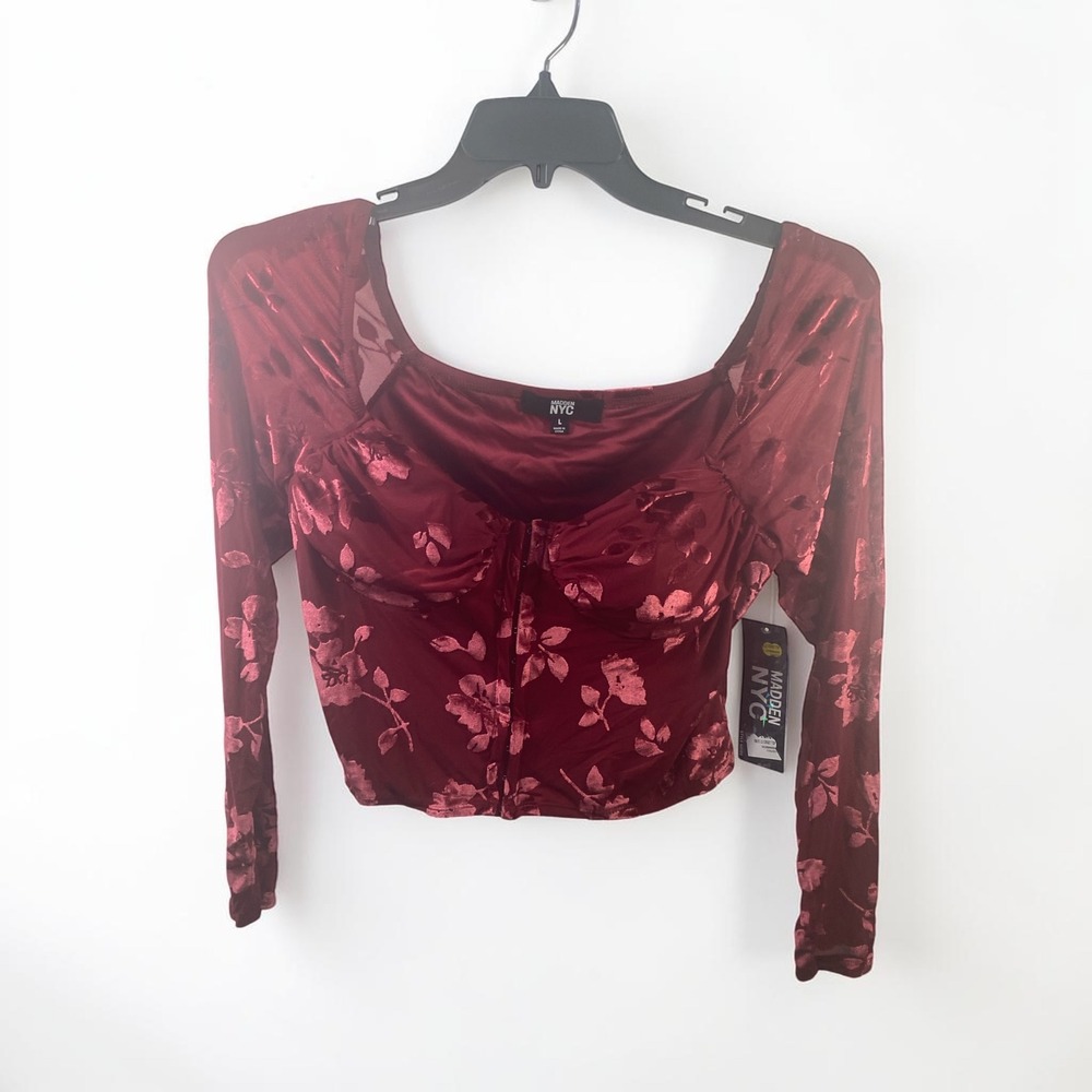 Madden NYC Wine Red Velvet Floral Corset Top Long Sleeve Sweetheart Neck L NWT